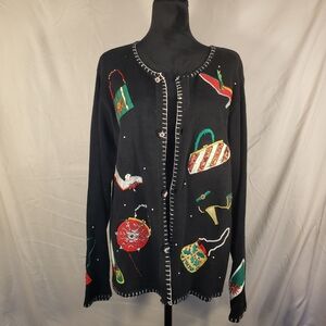 Festive Black Ladies Holiday  Sweater with Colorful Accents - L